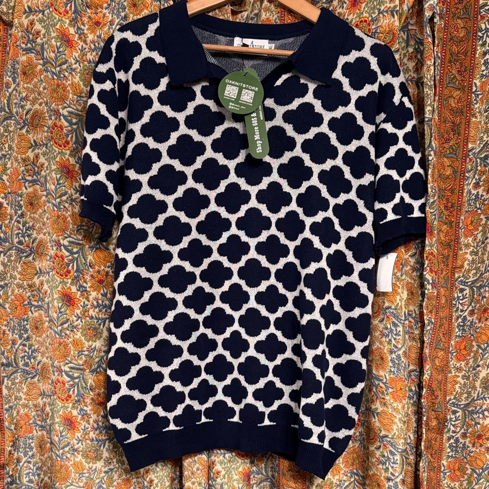 Retro, knit, Navy and White Patterned Polo Top